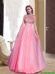2015 Plus Size Column Tulle Scoop Beading Watermelon Prom Gowns