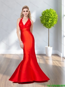 2015 The Brand New Arrivals Halter Top Red Prom Dresses with Belt