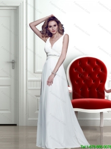 2015 New Arrivals V Neck Backless Beading and Ruching Prom Dress in White