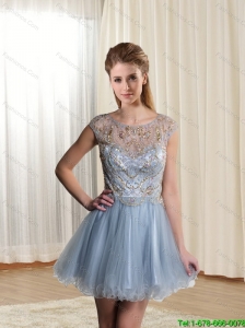 Beautiful  Discount Beading Scoop Light Blue Chiffon Prom Dress for 2015
