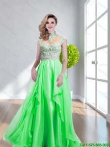 Beautiful  Sophisticated High Neck Beading Spring Green Prom Dress with Brush Train