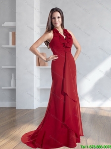 Classical 2015 Halter Top Red Prom Dress with Brush Train