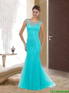Luxurious 2015 Column Scoop Aqua Blue Bridesmaid Dresses with Appliques
