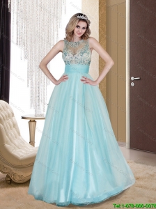 Modest 2015 Column Scoop Tulle Beading Prom Gowns in Light Blue