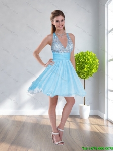 Modest 2015 Empire Backless Halter Top Prom Dress in Aqua Blue