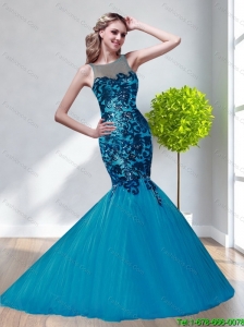 Plus Size 2015 Scoop Tulle Appliques Prom Dress in Teal