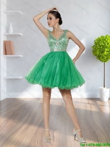 Plus Size 2015 V Neck Criss Cross A Line Beading Prom Dress in Green