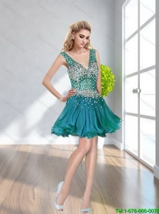 Plus Size Turquoise V Neck Backless 2015 Prom Dress with Paillette