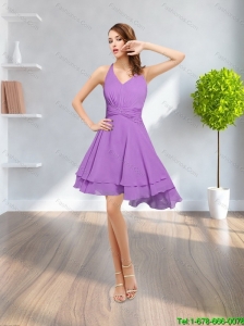 Popular 2015 Spring V Neck Mini Length Lilac Prom Dress with Ruching