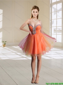 Popular Spaghetti Straps Beading Orange Red 2015 Prom Dress
