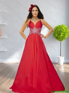 2015 Artistic Empire Straps Beading Red Cheap Bridesmaid Dress with Brush Train