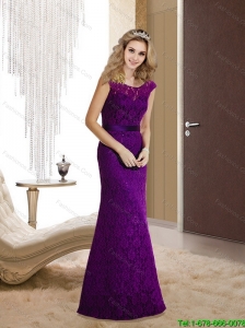 2015 Fashionable Belt and Lace Prom Dresses in Eggplant Purple