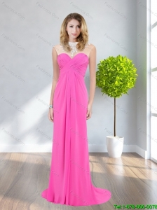 2015 High Neck Brush Train Prom Dress with Beading and Ruching