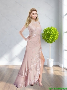 2015 Plus Size High Neck Long Prom Dress with Appliques and High Slit