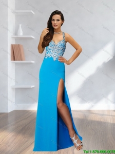 Perfect Column Appliques and High Slit Straps Cheap Bridesmaid Dresses in Baby Blue