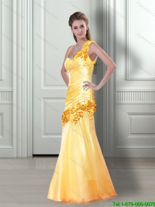 2015 Fashionable Asymmetrical Yellow  Bridesmaid Dresses with Hand Made Flowers