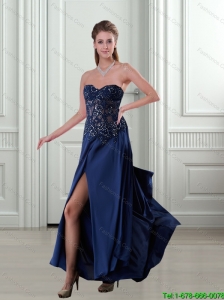 2015 Best Beading and High Slit Navy Blue Prom Dress with Brush Train