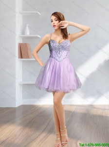 Best 2015 Spaghetti Straps Beading Lilac Prom Dress