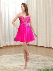 Best 2015 Spaghetti Straps Hot Pink Prom Dress with Embroidery and Beading