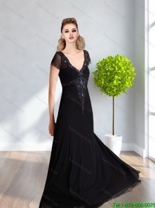 Best 2015 V Neck Beading and Appliques Empire Prom Dress in Black