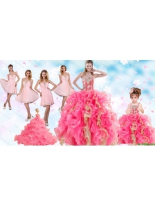 Multi Color Floor Length Ruffles Quinceanera Dress and Baby Pink Short Beading Dama Dresses and Floor Length Multi Color Little Girl Dress