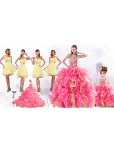 Perfect Beading and Ruffles Quinceanera Dress and Beading Yellow One Shoulder Dama Dresses and Multi Color Ball Gown Pageant Dresses for Little Girl