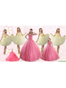 Rose Pink Beading Ball Gown Quinceanera Dress and Strapless Knee Length Dama Dresses and  Halter Top Little Girl Dress