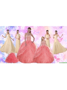 2015 Perfect Beading Sweetheart Quinceanera Dress and Ruching Long Prom Dresses and Watermelon Halter Top Little Girl Dress