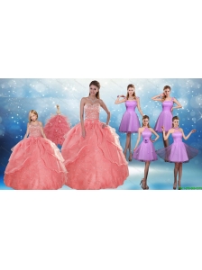 Perfect Beading Floor Length Quinceanera Dress and Short Ruching Prom Dresses and Watermelon Halter Top Little Girl Dress