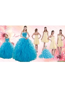 Teal Sweetheart Ruffles Quinceanera Gown and Sweetheart Short Dama Dresses and Teal Halter Top Flower Girl Dress