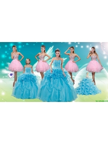 Baby Blue Ball Gown Pick Ups Quinceanera Dress and Beading Rose Pink Short Dama Dresses and Pick Ups Little Girl Dress