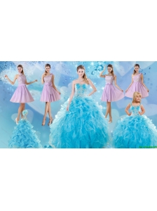 Baby Blue Ball Gown Ruffles Quinceanera Dress and Lilac Short Dama Dresses and Applique and Ruffles Little Girl Dress