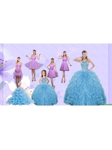 Beading Pretty Aqua Blue Quinceanera Gown and Lilac Short Dama Dresses and Halter Top Ruffles Pageant Dresses for Little Girl