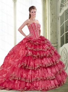 2015 Custom Made Coral Red Dress for Quinceanera with Pick Ups and Ruffled Layers