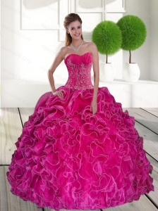 2015 Custom Made Hot Pink Quinceanera Gown with Ruffles and Appliques