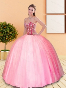 2015 Remarkable Beading Sweetheart Ball Gown Sweet 16 Dresses in Rose Pink