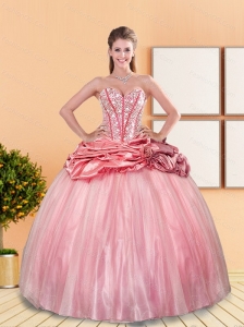 Custom Made 2015 Beading and Pick Ups Sweetheart Quinceanera Dresses in Rose Pink