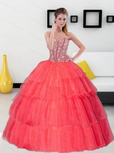 Custom Made Beading and Ruffled Layers Sweetheart Coral Red Quinceanera Dresses for 2015