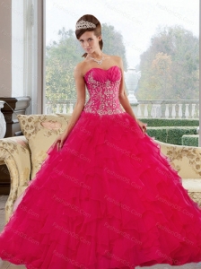 Custom Made Sweetheart 2015 Red Quinceanera Gown with Appliques and Ruffles