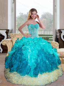 Custom Made Sweetheart Multi Color 2015 Quinceanera Gown with Appliques and Ruffles