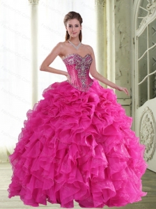 2015 New Style Beading and Ruffles Sweetheart Sweet 16 Dresses in Hot Pink