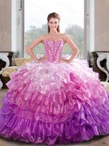 2015 Unique Beading and Ruffled Layers Multi Color Dresses for Quince