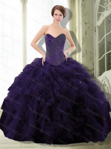 2015 Unique Dark Purple Sweet 15 Dress with Beading and Ruffle
