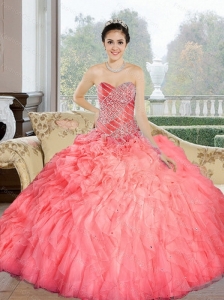 Unique  2015 Beading and Ruffles Sweetheart Quinceanera Dresses in Watermelon