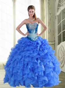 Unique Beading and Ruffles Strapless Blue Quinceanera Dresses for 2015 Spring