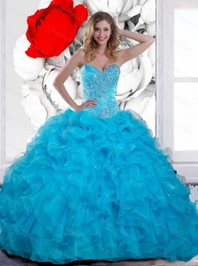 2015 Cute Beading and Ruffles Sweetheart Quinceanera Gown in Teal