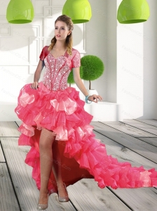 2015 Most Popular Coral Red High-low Prom Dress with Beading and Ruffled Layers