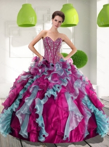 2015 Puffy  Sweetheart Quinceanera Dresses with Beading and Ruffles