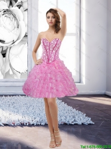 Beautiful Rose Pink Sweetheart 2015 Prom Dress with Beading and Ruffles