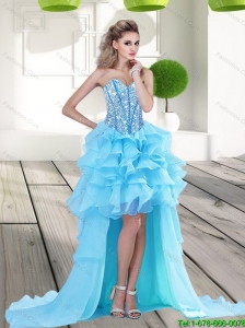 2015 Popular Aqua Blue High Low Prom Dress with Beading and Ruffles